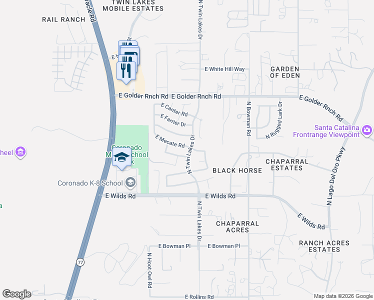 map of restaurants, bars, coffee shops, grocery stores, and more near 3636 East Mecate Road in Tucson