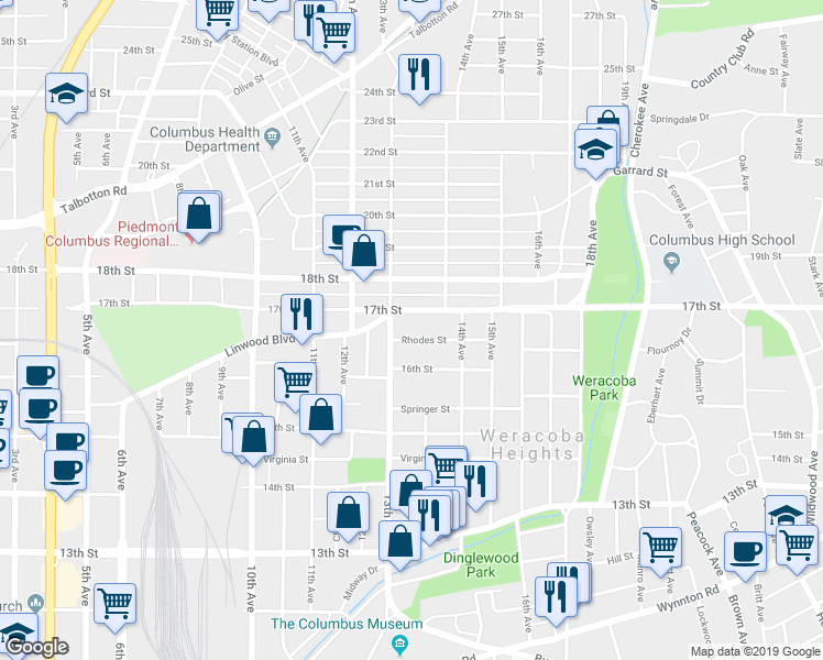 map of restaurants, bars, coffee shops, grocery stores, and more near 1638 13th Avenue in Columbus