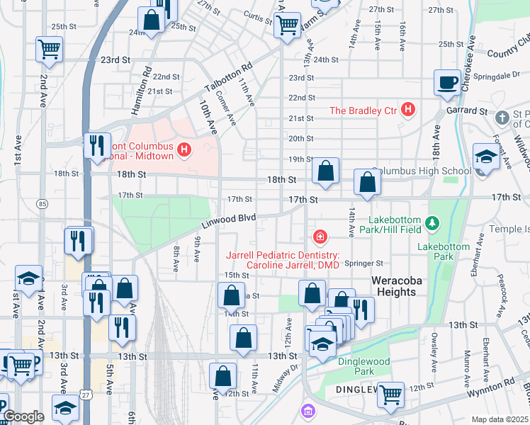 map of restaurants, bars, coffee shops, grocery stores, and more near 1119 Linwood Boulevard in Columbus