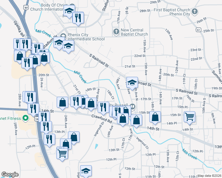 map of restaurants, bars, coffee shops, grocery stores, and more near 1900 18th Street in Phenix City