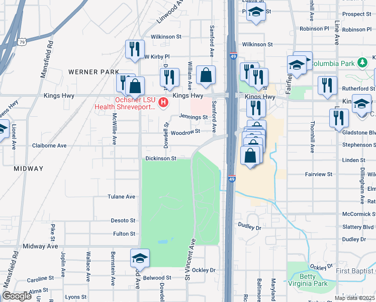 map of restaurants, bars, coffee shops, grocery stores, and more near 1411 Claiborne Avenue in Shreveport
