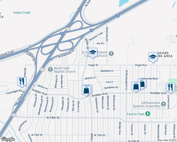 map of restaurants, bars, coffee shops, grocery stores, and more near 2411 North Willis Street in Abilene