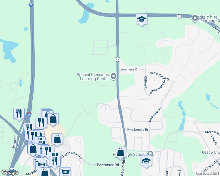 map of restaurants, bars, coffee shops, grocery stores, and more near 107 Christine Circle in Perry