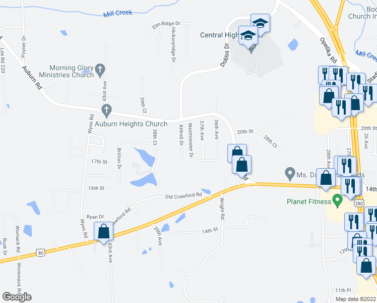 map of restaurants, bars, coffee shops, grocery stores, and more near 1907 Westminster Drive in Phenix City