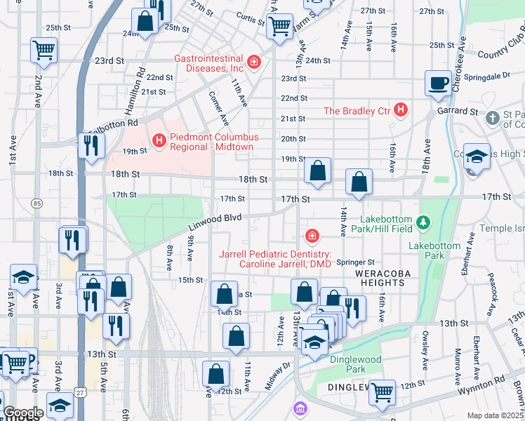 map of restaurants, bars, coffee shops, grocery stores, and more near 1119 Linwood Blvd in Columbus
