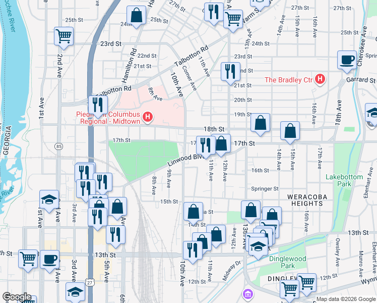 map of restaurants, bars, coffee shops, grocery stores, and more near 1626 10th Avenue in Columbus