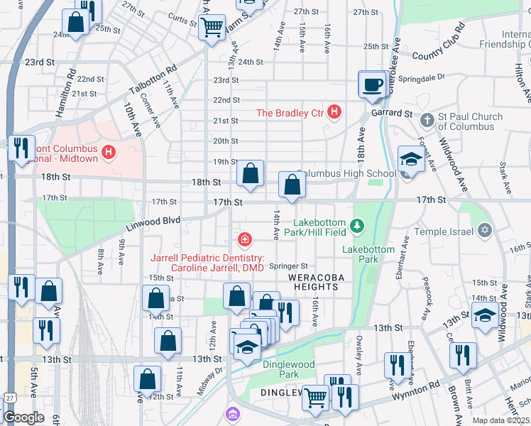 map of restaurants, bars, coffee shops, grocery stores, and more near 1342 17th Street in Columbus