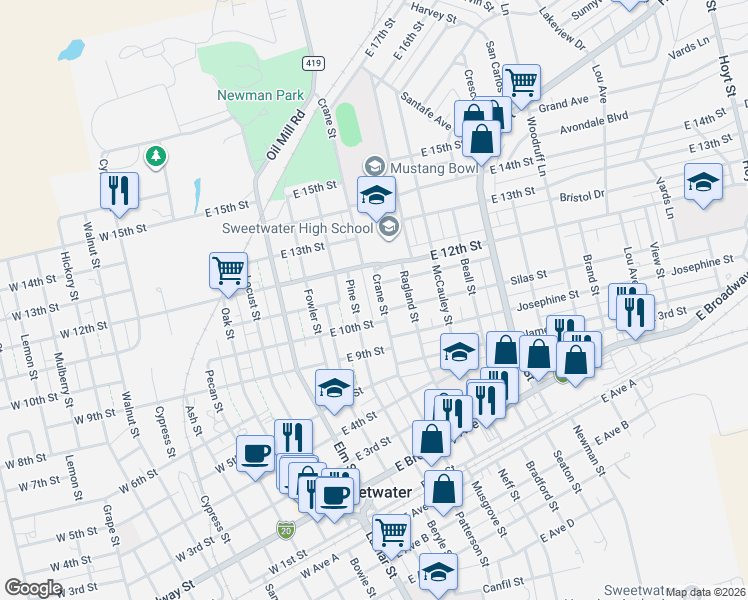 map of restaurants, bars, coffee shops, grocery stores, and more near 1013 Crane Street in Sweetwater