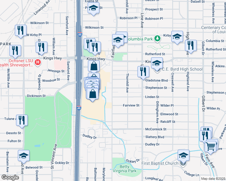 map of restaurants, bars, coffee shops, grocery stores, and more near 953 Stephenson Street in Shreveport