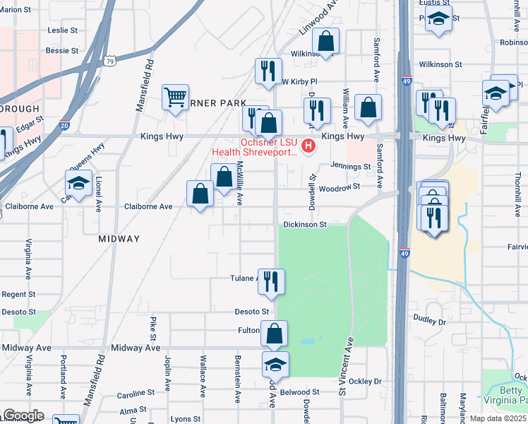 map of restaurants, bars, coffee shops, grocery stores, and more near 1619 Claiborne Avenue in Shreveport