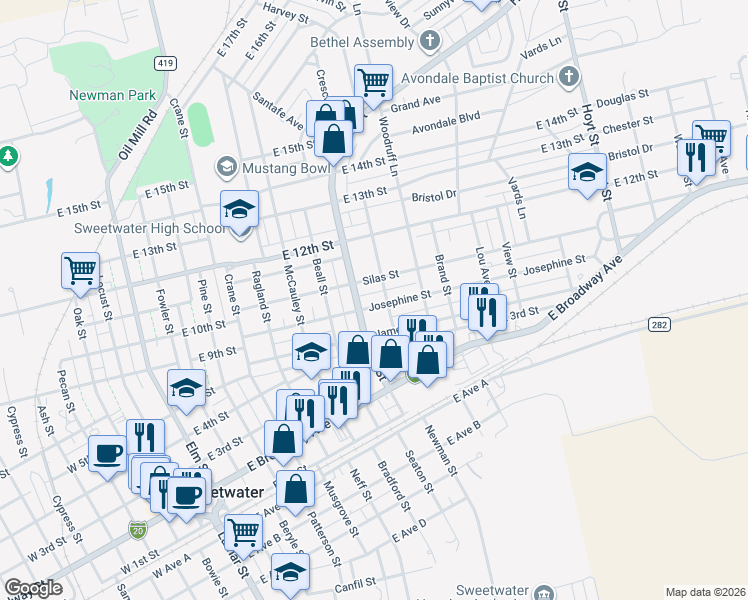 map of restaurants, bars, coffee shops, grocery stores, and more near 1007 Josephine Street in Sweetwater