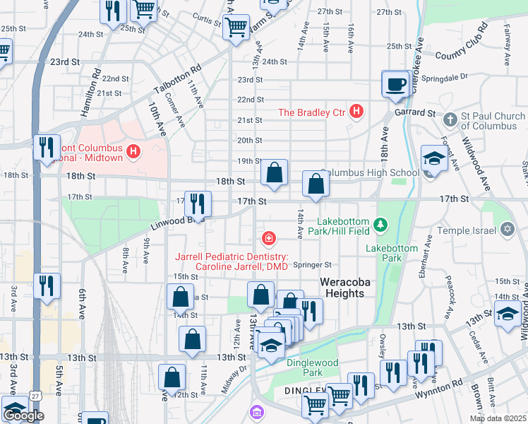 map of restaurants, bars, coffee shops, grocery stores, and more near 1638 13th Avenue in Columbus