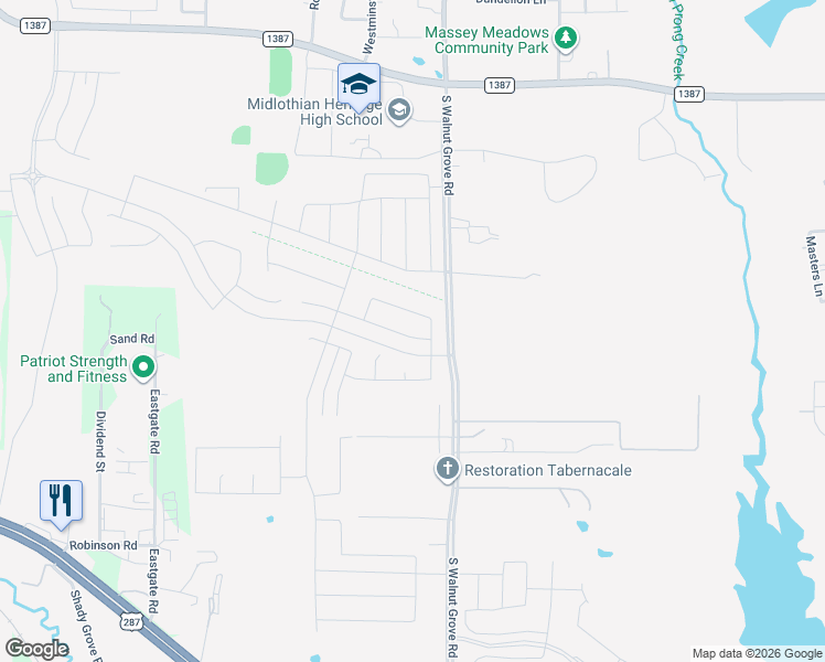 map of restaurants, bars, coffee shops, grocery stores, and more near 4049 Grove Valley Road in Midlothian