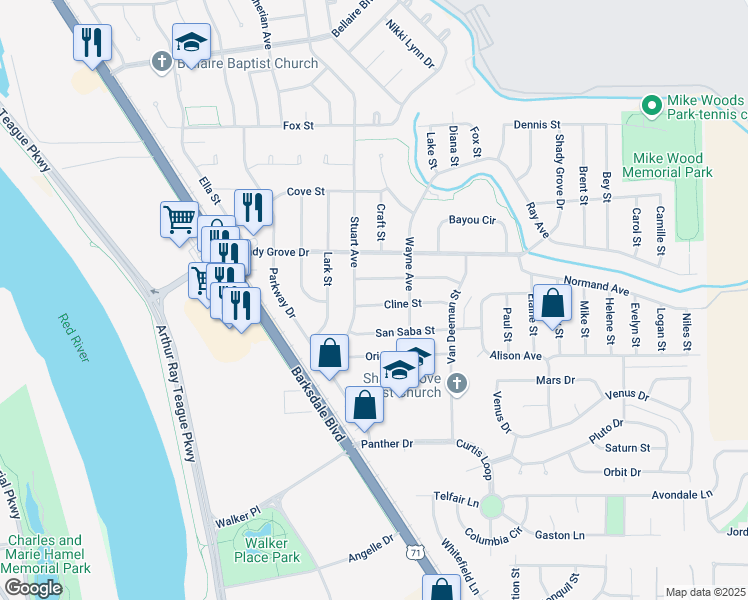 map of restaurants, bars, coffee shops, grocery stores, and more near 1607 Cline Street in Bossier City