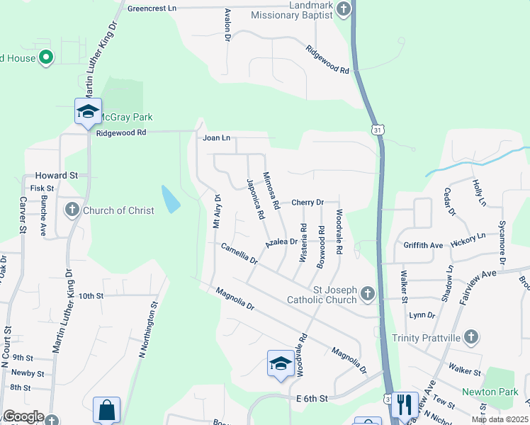 map of restaurants, bars, coffee shops, grocery stores, and more near 628 Japonica Road in Prattville