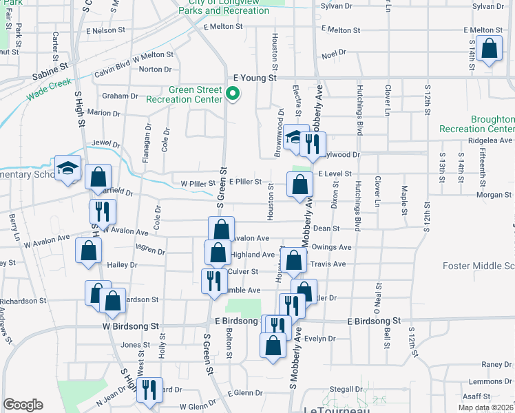 map of restaurants, bars, coffee shops, grocery stores, and more near 126 East Myrle Avenue in Longview