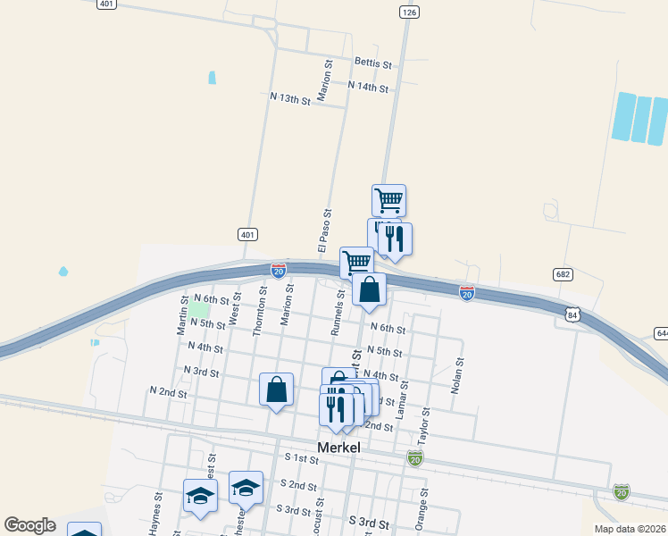 map of restaurants, bars, coffee shops, grocery stores, and more near Interstate 20 in Merkel
