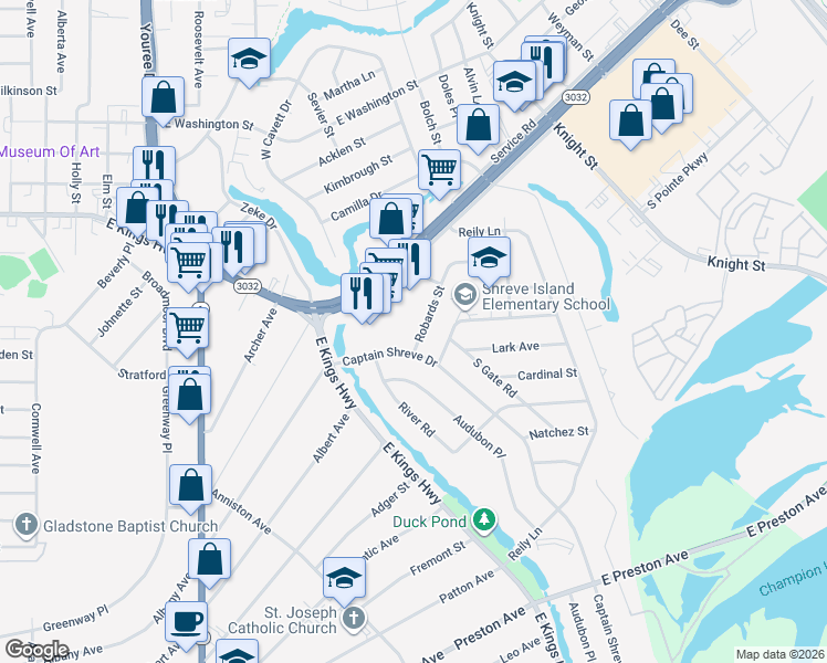 map of restaurants, bars, coffee shops, grocery stores, and more near 710 Robards Street in Shreveport