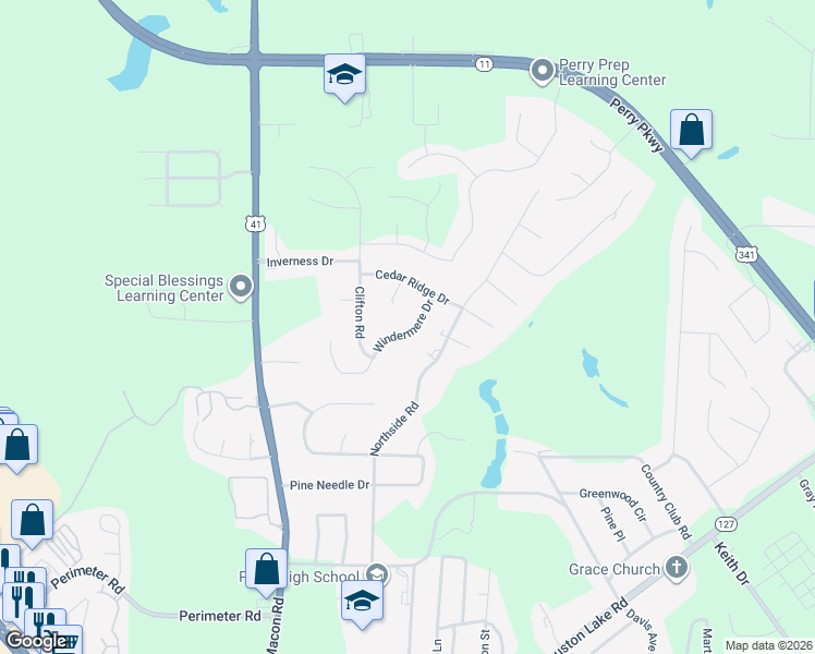 map of restaurants, bars, coffee shops, grocery stores, and more near 209 Windermere Drive in Perry