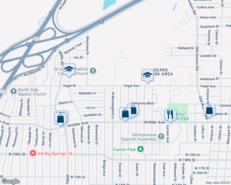 map of restaurants, bars, coffee shops, grocery stores, and more near 2433 North Mockingbird Lane in Abilene