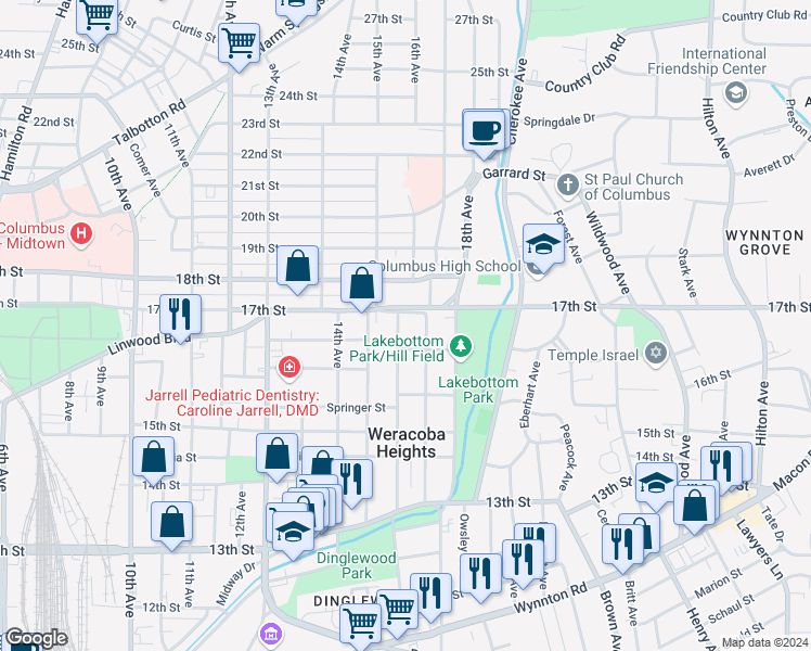 map of restaurants, bars, coffee shops, grocery stores, and more near 1636 16th Avenue in Columbus