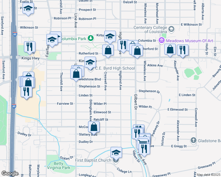 map of restaurants, bars, coffee shops, grocery stores, and more near 541 Stephenson Street in Shreveport