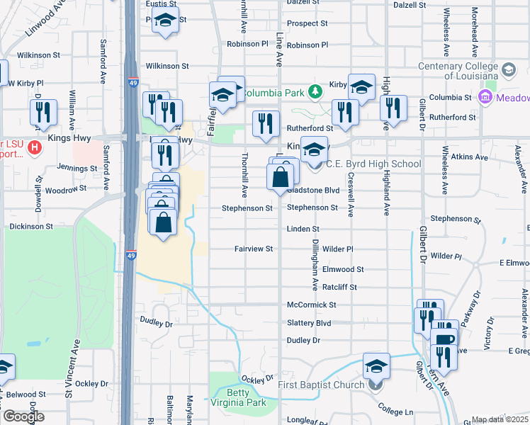 map of restaurants, bars, coffee shops, grocery stores, and more near 823 Stephenson Street in Shreveport