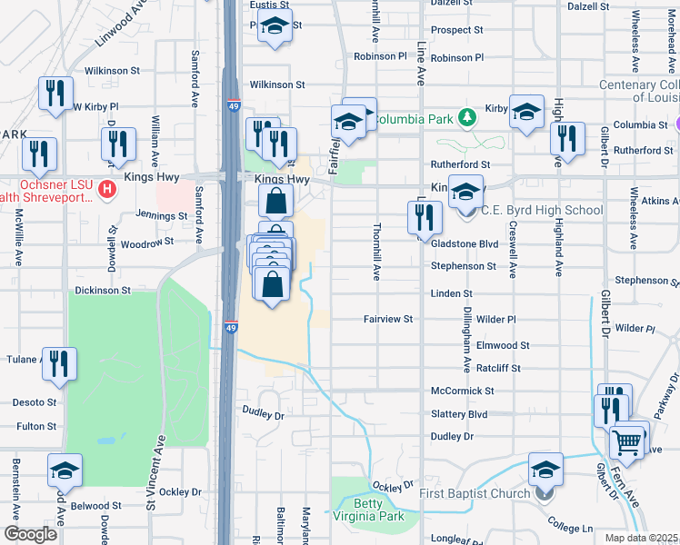 map of restaurants, bars, coffee shops, grocery stores, and more near 953 Stephenson Street in Shreveport
