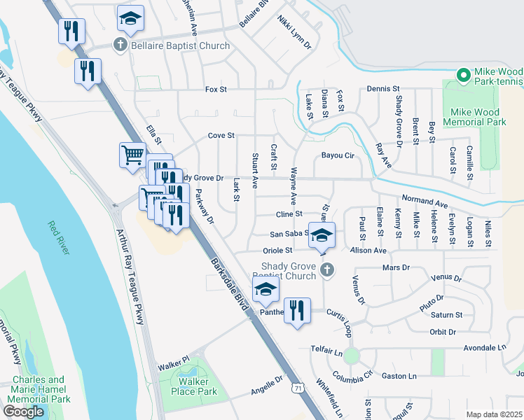 map of restaurants, bars, coffee shops, grocery stores, and more near 1607 Cline Street in Bossier City