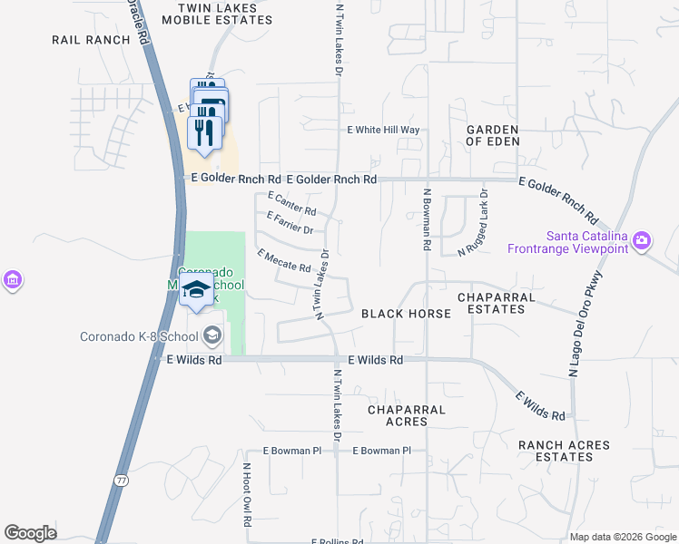 map of restaurants, bars, coffee shops, grocery stores, and more near 3717 East Mecate Road in Tucson