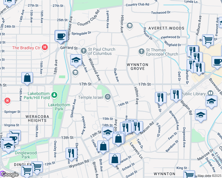 map of restaurants, bars, coffee shops, grocery stores, and more near 1660 Wildwood Avenue in Columbus