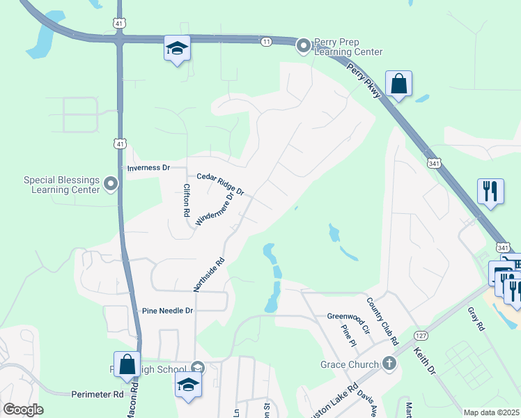 map of restaurants, bars, coffee shops, grocery stores, and more near 2004 Cedar Ridge Drive in Perry