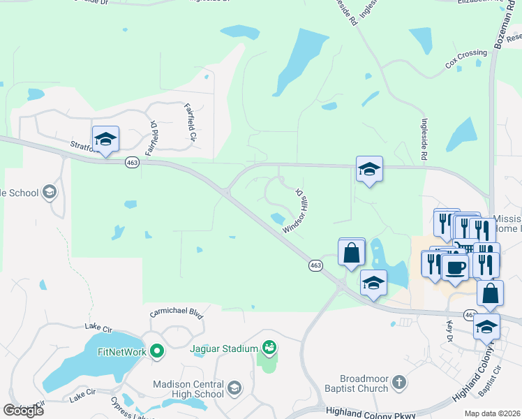map of restaurants, bars, coffee shops, grocery stores, and more near 115 Brittany Way in Madison
