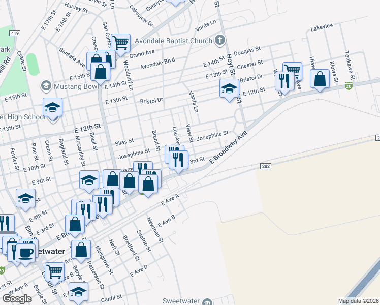 map of restaurants, bars, coffee shops, grocery stores, and more near 1409 James Street in Sweetwater
