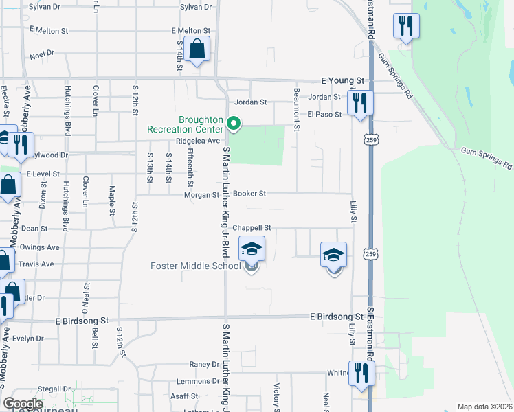map of restaurants, bars, coffee shops, grocery stores, and more near 107 Brooks Street in Longview