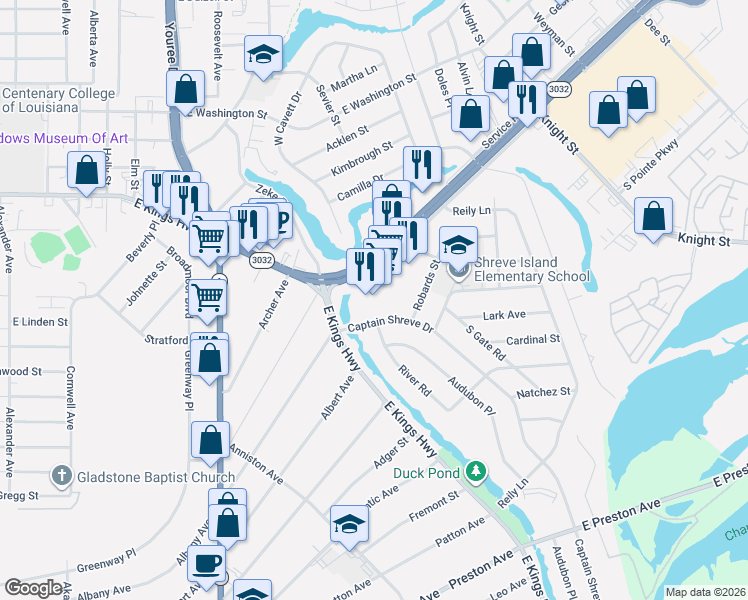 map of restaurants, bars, coffee shops, grocery stores, and more near 741 Shreveport Barksdale Highway in Shreveport