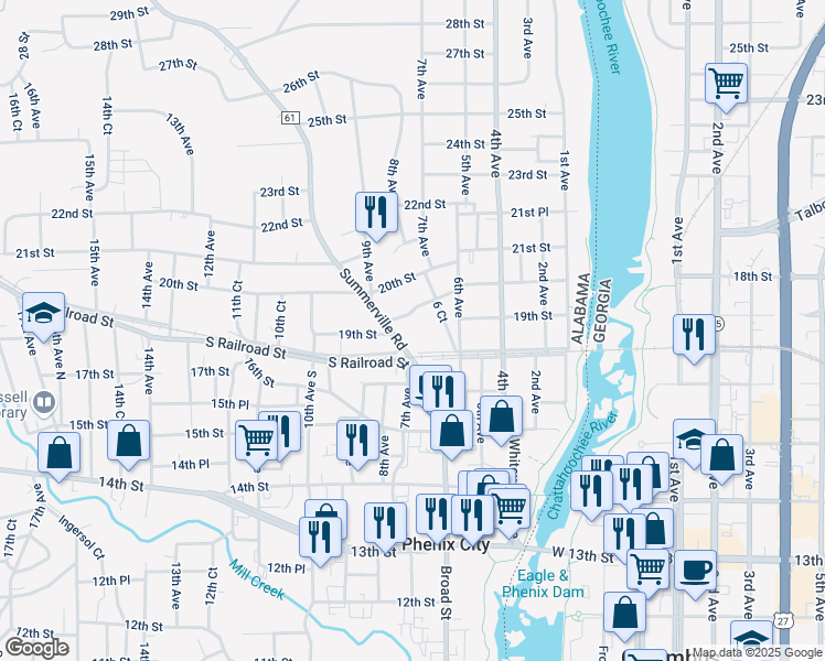 map of restaurants, bars, coffee shops, grocery stores, and more near 1810 Summerville Rd in Phenix City