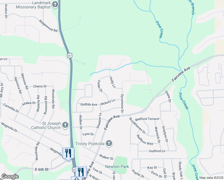 map of restaurants, bars, coffee shops, grocery stores, and more near 110 Cedar Drive in Prattville