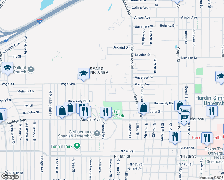 map of restaurants, bars, coffee shops, grocery stores, and more near 2249 Vogel Street in Abilene