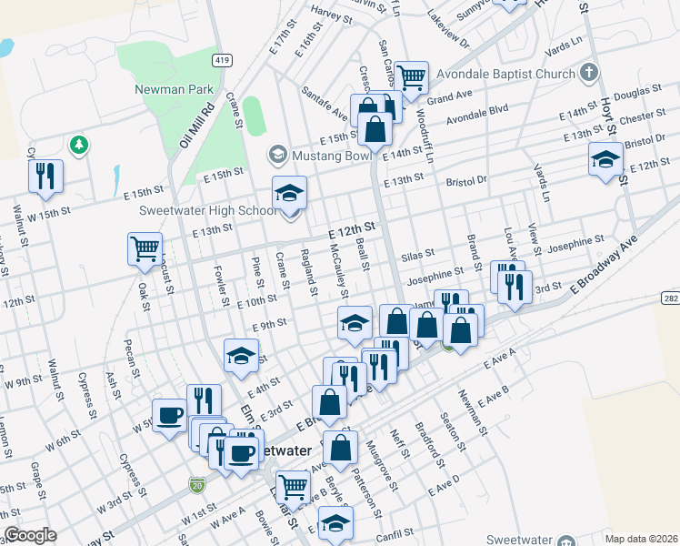 map of restaurants, bars, coffee shops, grocery stores, and more near 800 Silas Street in Sweetwater