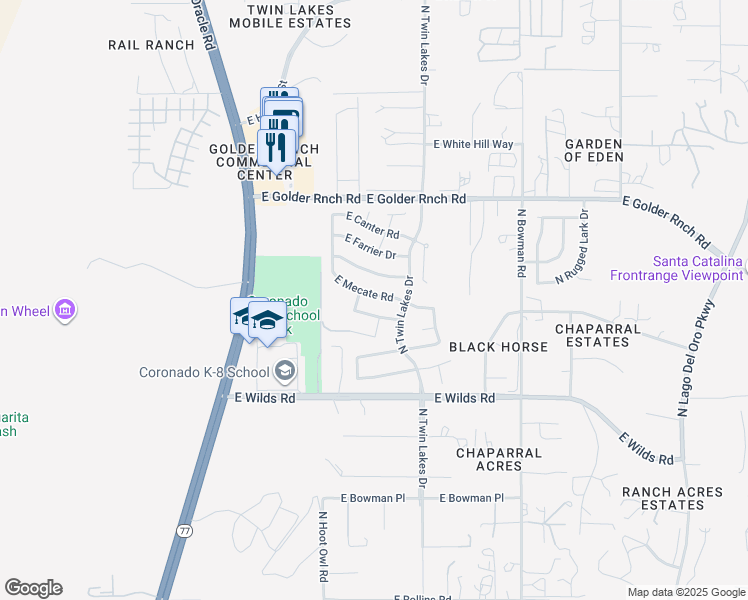 map of restaurants, bars, coffee shops, grocery stores, and more near 3636 East Mecate Road in Tucson