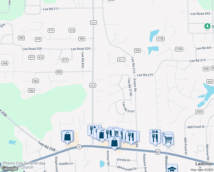 map of restaurants, bars, coffee shops, grocery stores, and more near 433 Lee Road 2141 in Phenix City