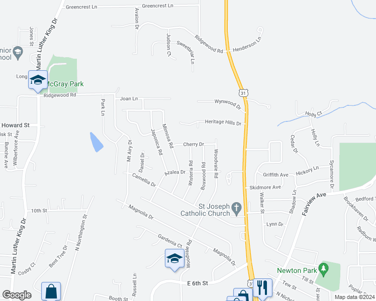 map of restaurants, bars, coffee shops, grocery stores, and more near 625 Wisteria Road in Prattville