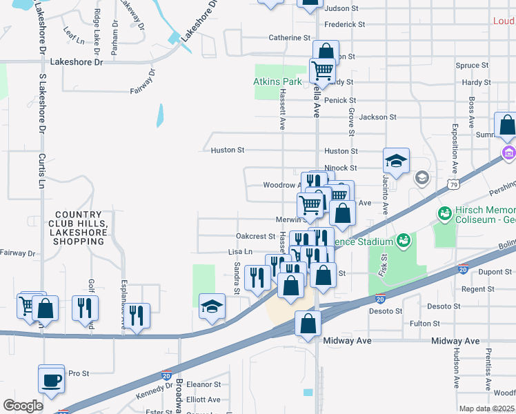 map of restaurants, bars, coffee shops, grocery stores, and more near 3833 Claiborne Avenue in Shreveport