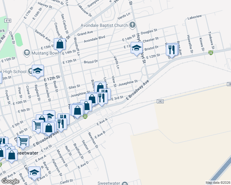 map of restaurants, bars, coffee shops, grocery stores, and more near 1409 James Street in Sweetwater