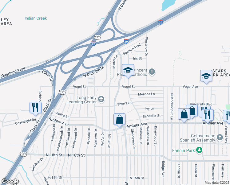 map of restaurants, bars, coffee shops, grocery stores, and more near 2416 North Willis Street in Abilene