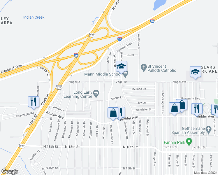 map of restaurants, bars, coffee shops, grocery stores, and more near 2414 North Willis Street in Abilene