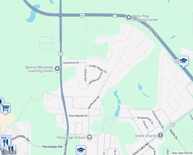 map of restaurants, bars, coffee shops, grocery stores, and more near 209 Windermere Drive in Perry
