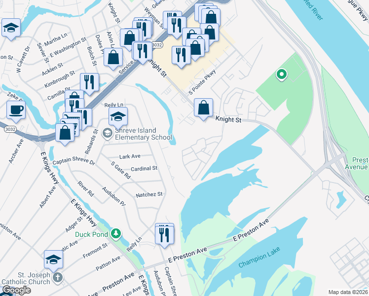 map of restaurants, bars, coffee shops, grocery stores, and more near 3284 Eastwood Drive in Shreveport