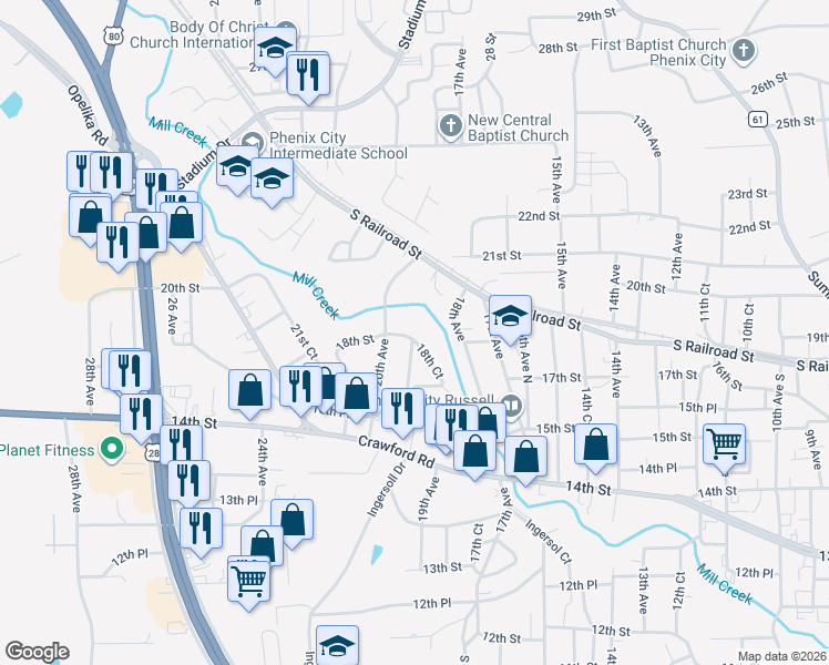 map of restaurants, bars, coffee shops, grocery stores, and more near 1900 18th Street in Phenix City